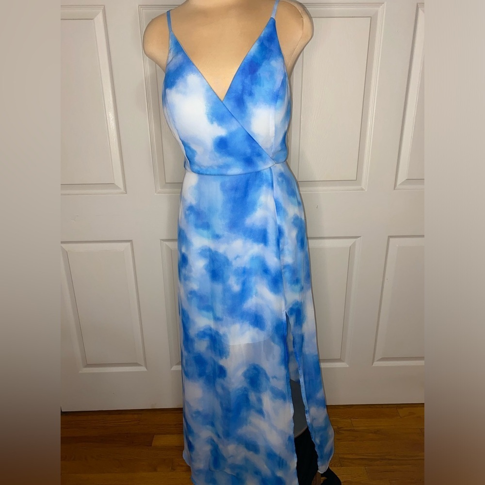 Blue & White Tie-Dye Chiffon Maxi Dress | Size M | Formal, Summer In the Clouds